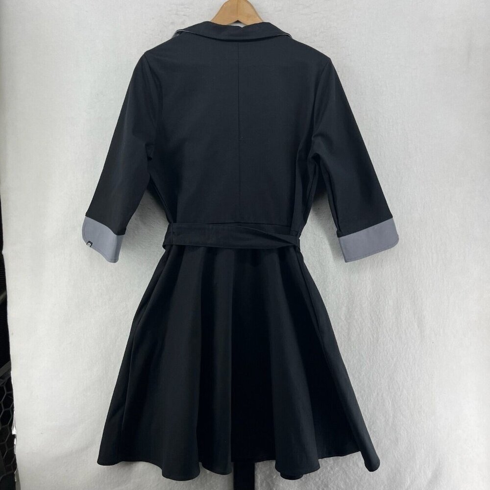 Betabrand Duster Trench Coat Womens M Black Wrap Style Belt Tie 3/4 Sleeves USA - Picture 2 of 13